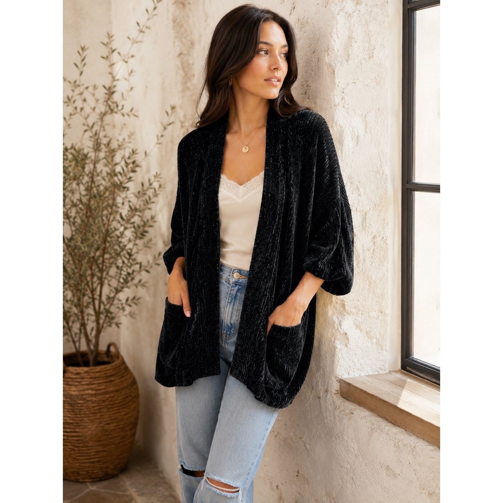 Moth‎ Anthropologie Black Chenille Oversized Kimono Cardigan Sweater S Pockets